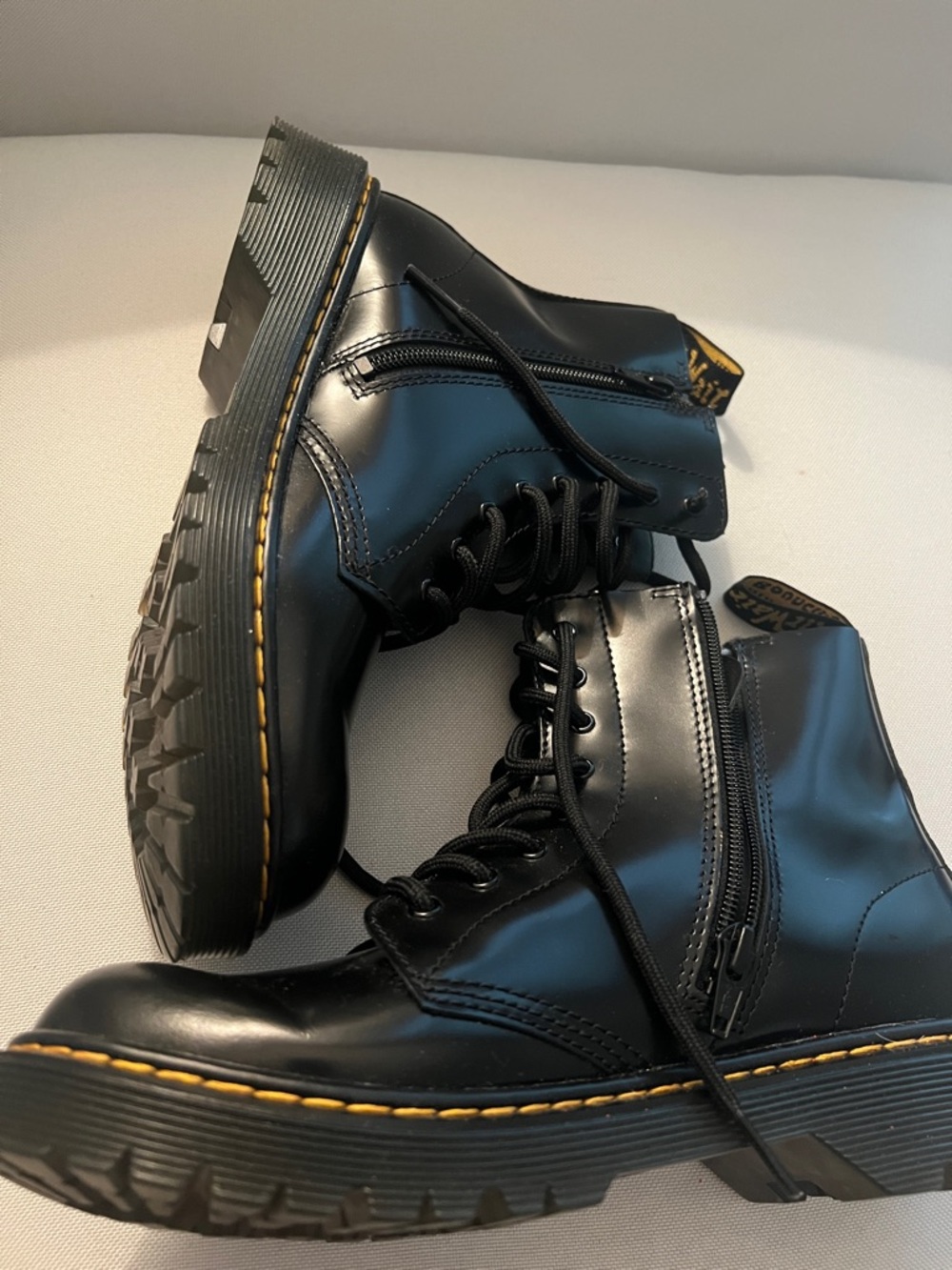 Dr. Martens 1460 Black Smooth Leather Lace-Up Boots with Yellow Pull-Tab